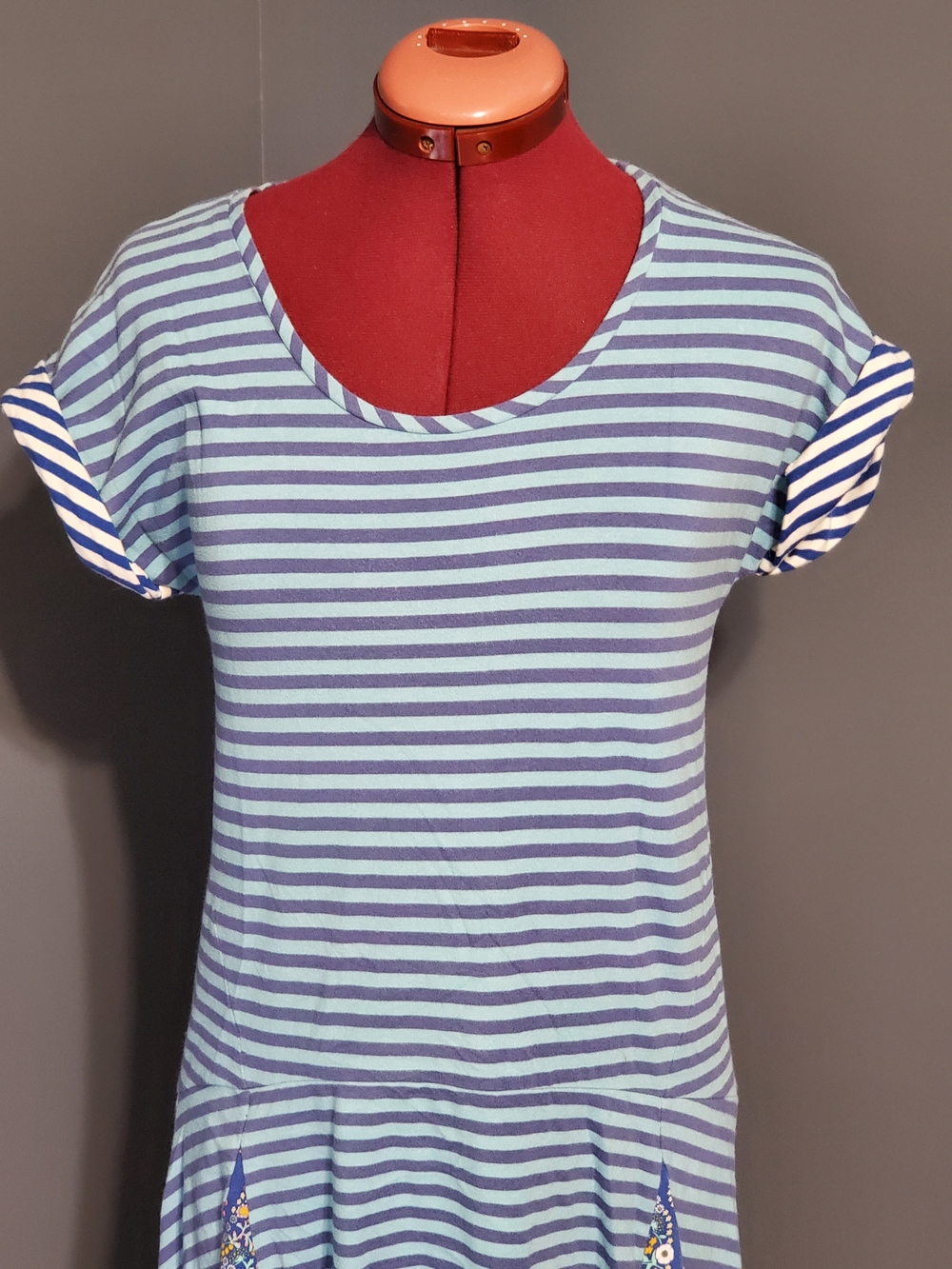 Matilda Jane Navy and Teal Striped Dress Floral Accents Drop Waist Women's SZ S - Picture 2 of 9
